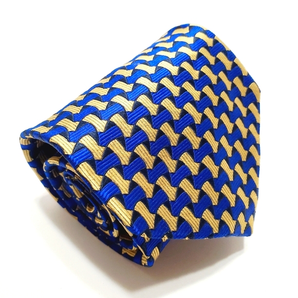 Pierre Balmain Necktie Blue & Gold Geometric Silk Neck Tie Jacquard Fabr… - Picture 1 of 5
